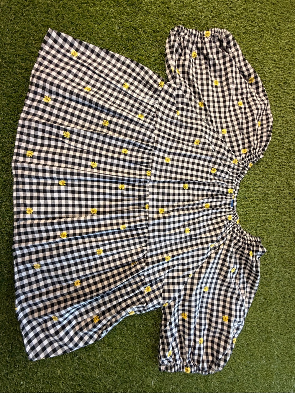 Old Navy Black and White Gingham Top with Yellow Floral Embroidery